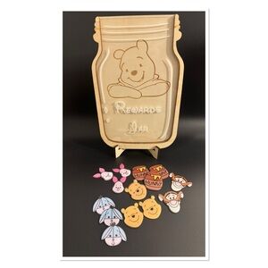 NEW Disney Winnie the Pooh wooden rewards jar with character tokens and stand